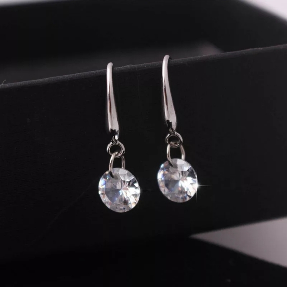 Simple Elegant Silver Dangle Diamond Earrings - Picture 2 of 3